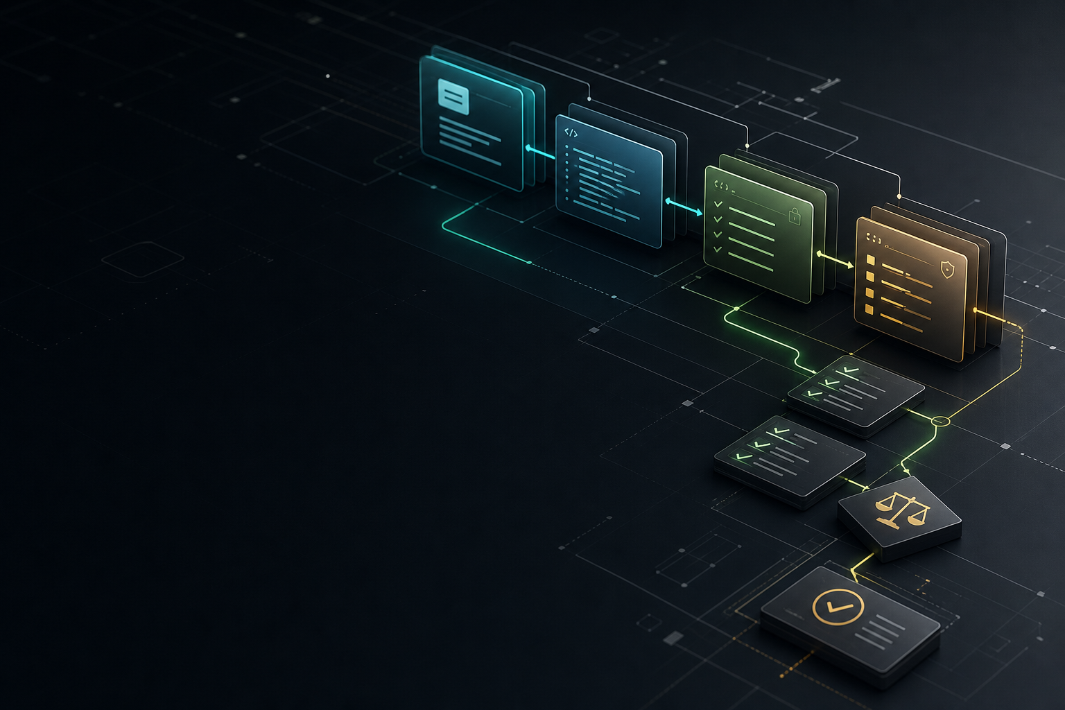 A developer prompt engineering workspace showing context, constraints, examples, and validation gates flowing into production-ready code
